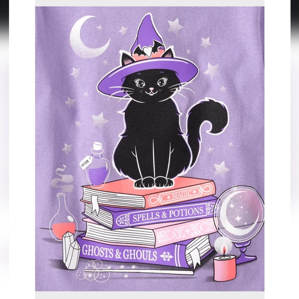Girls Glow In The Dark Black Cat Witch Graphic Tee Size XL - Picture 3 of 11